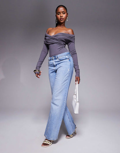 Ruched Drape Detail Bardot Long Sleeve Body