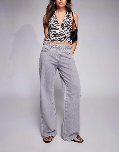 Scheana Low Rise Waist Buckle Detail Wide Leg Jeans