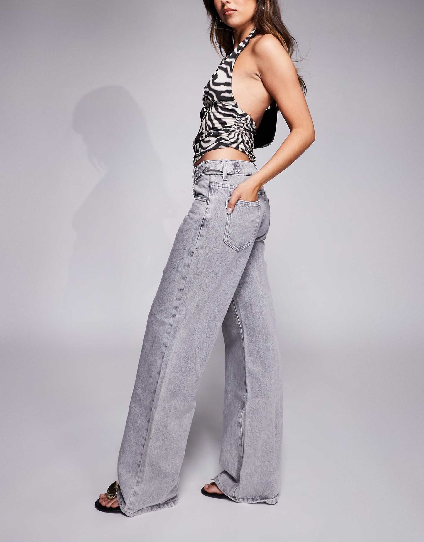 Scheana Low Rise Waist Buckle Detail Wide Leg Jeans
