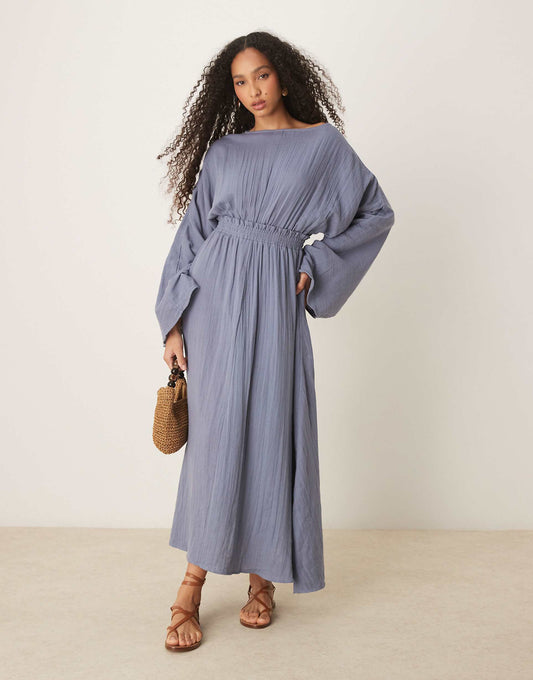 Double Cloth Shapeless Maxi Dress With Ruched Waist And Wide Sleeve