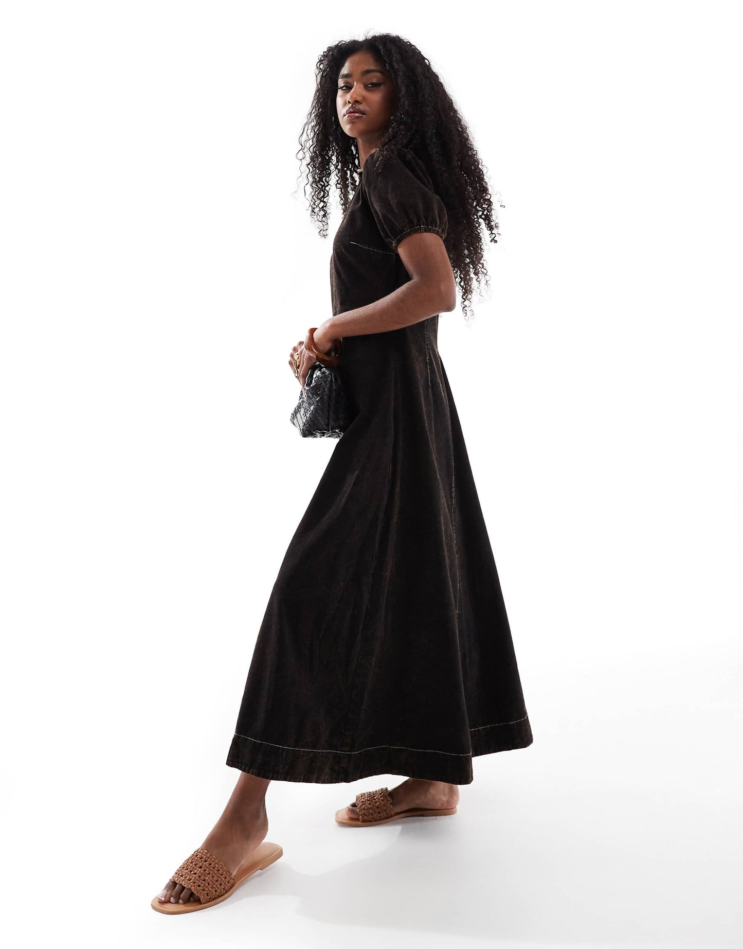 V Neck Collar Twill Maxi Dress With Puff Sleeve