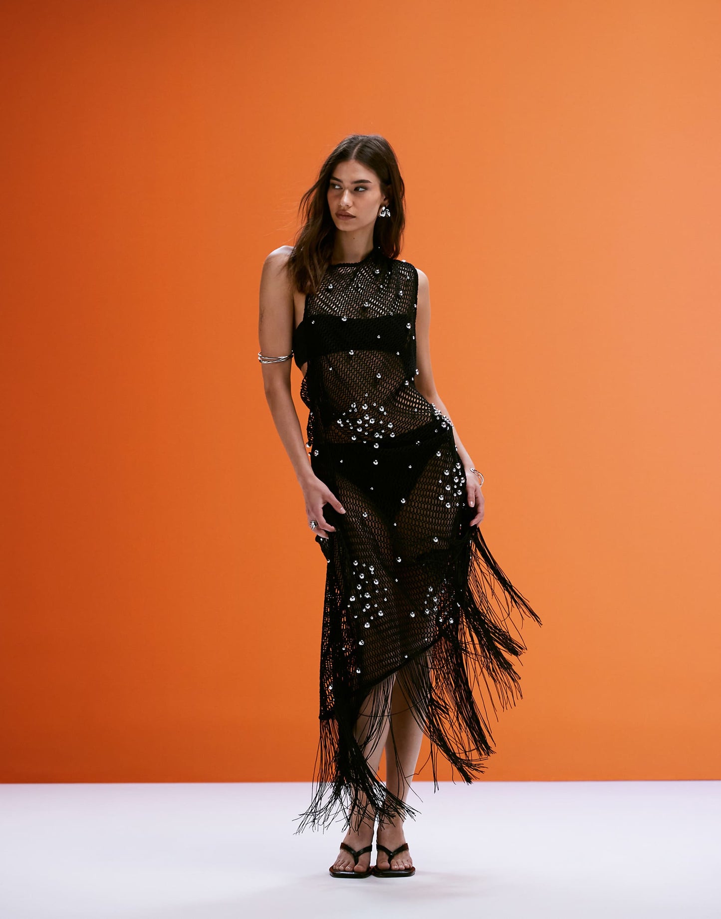 Embellished Crochet Midi Dress With Fringed Detail And Silver Beads