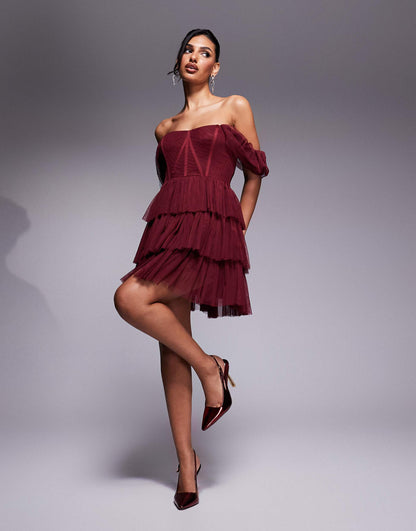 Off Shoulder Corset Tulle Mini Dress