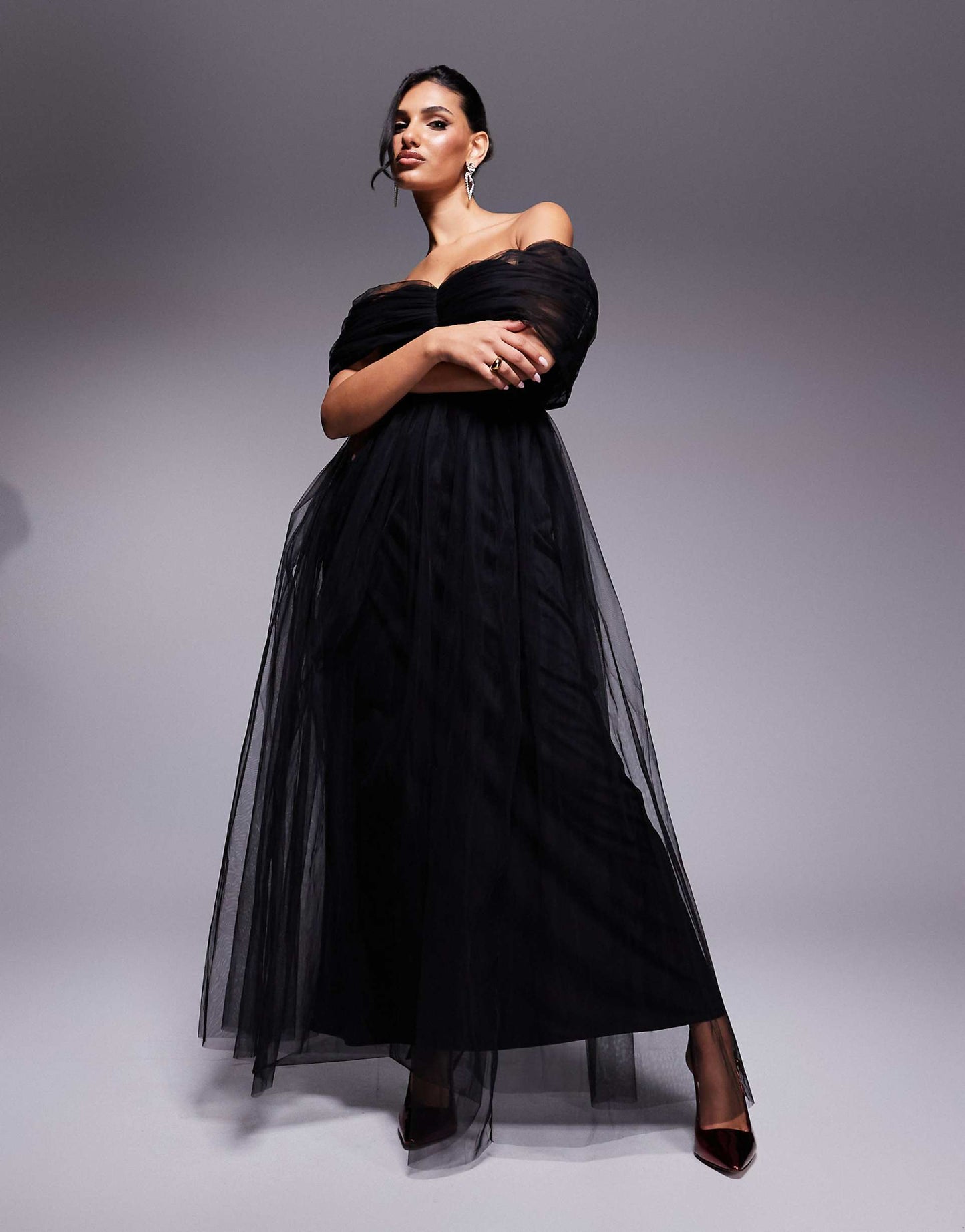 Bow Off Shoulder Tulle Maxi Dress