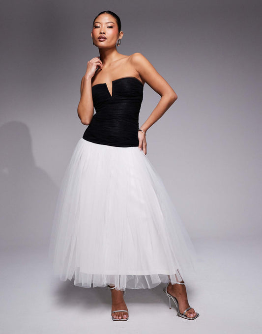 Petite Drop Hem Contrast Tulle Maxi Dress