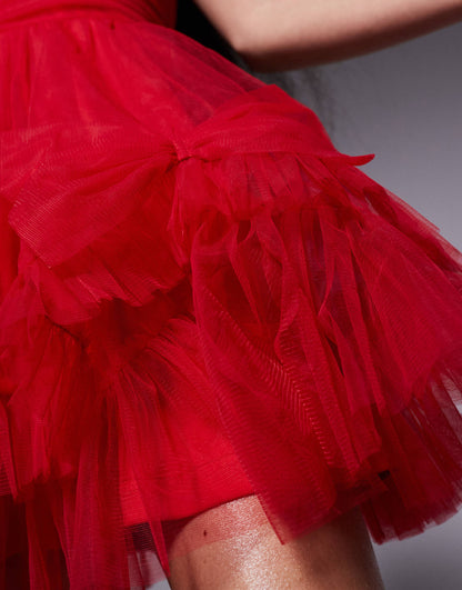 Petite Corset Overlay Tulle Bow Mini Dress
