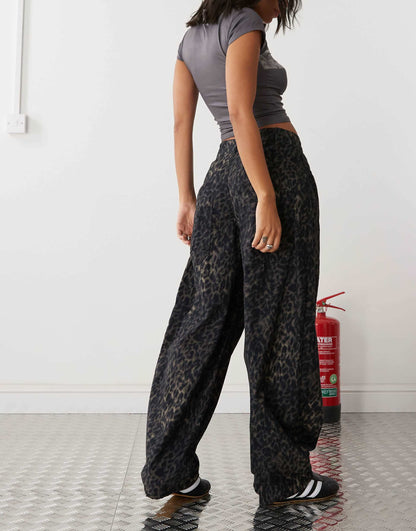 Dark Leopard Print Barrel Leg Trouser