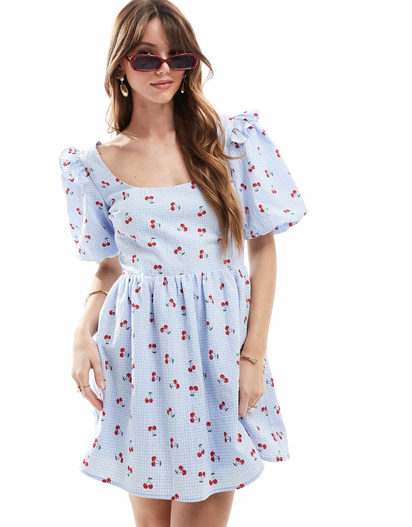 Exclusive Seersucker Ruffle Puff Sleeve Shirred Babydoll Mini Dress