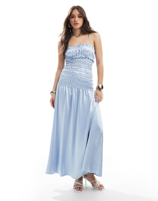 Exclusive Satin Ruched Dropped Waist Maxi Dress