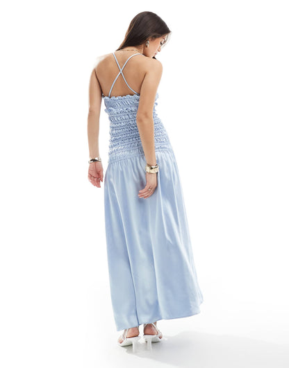 Exclusive Satin Ruched Dropped Waist Maxi Dress