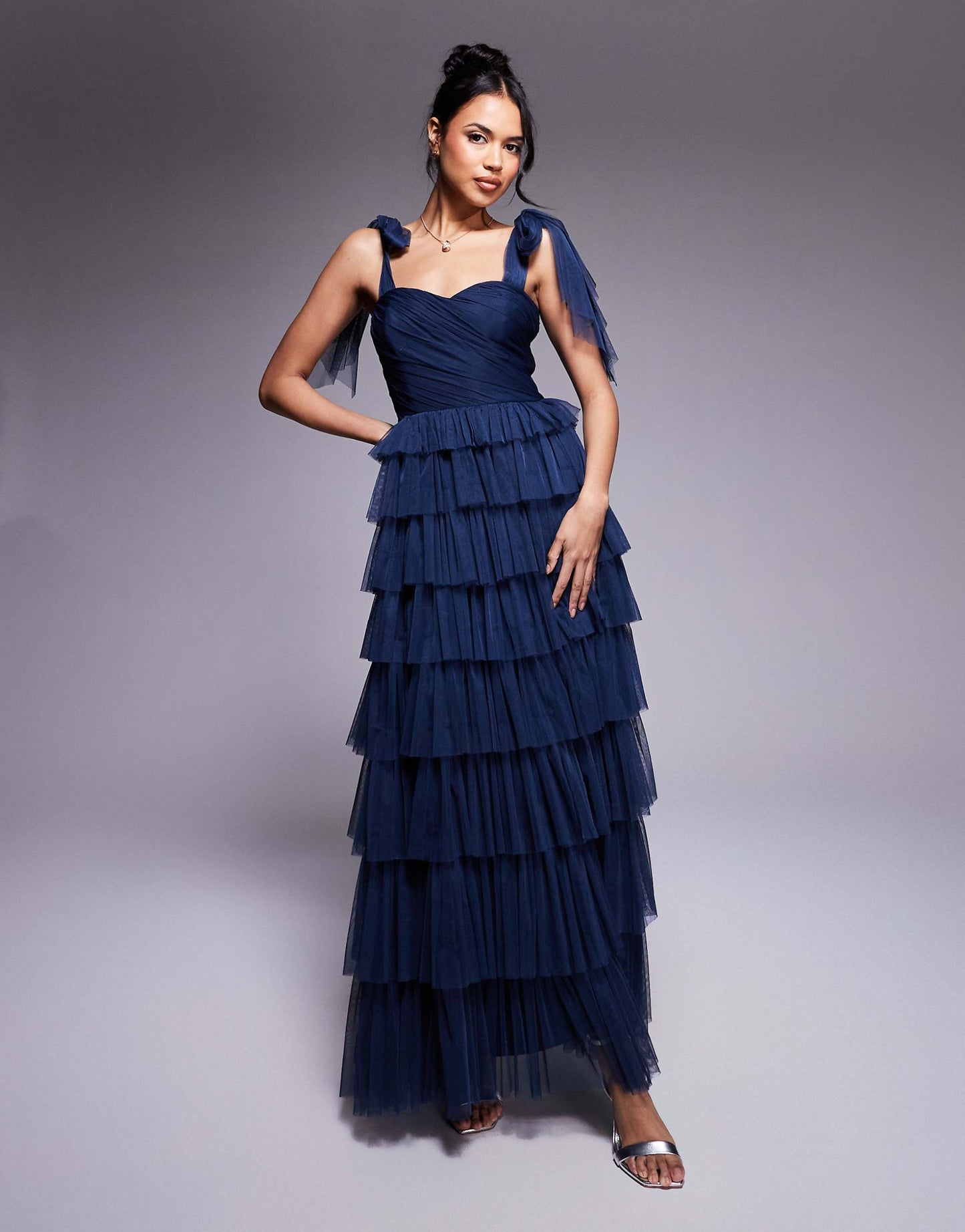Bow Shoulder Ruffle Maxi Dress