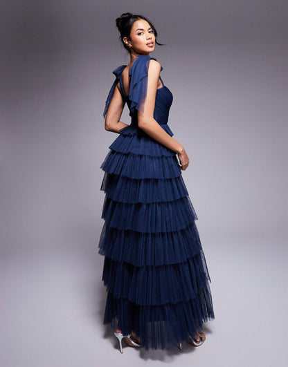 Bow Shoulder Ruffle Maxi Dress