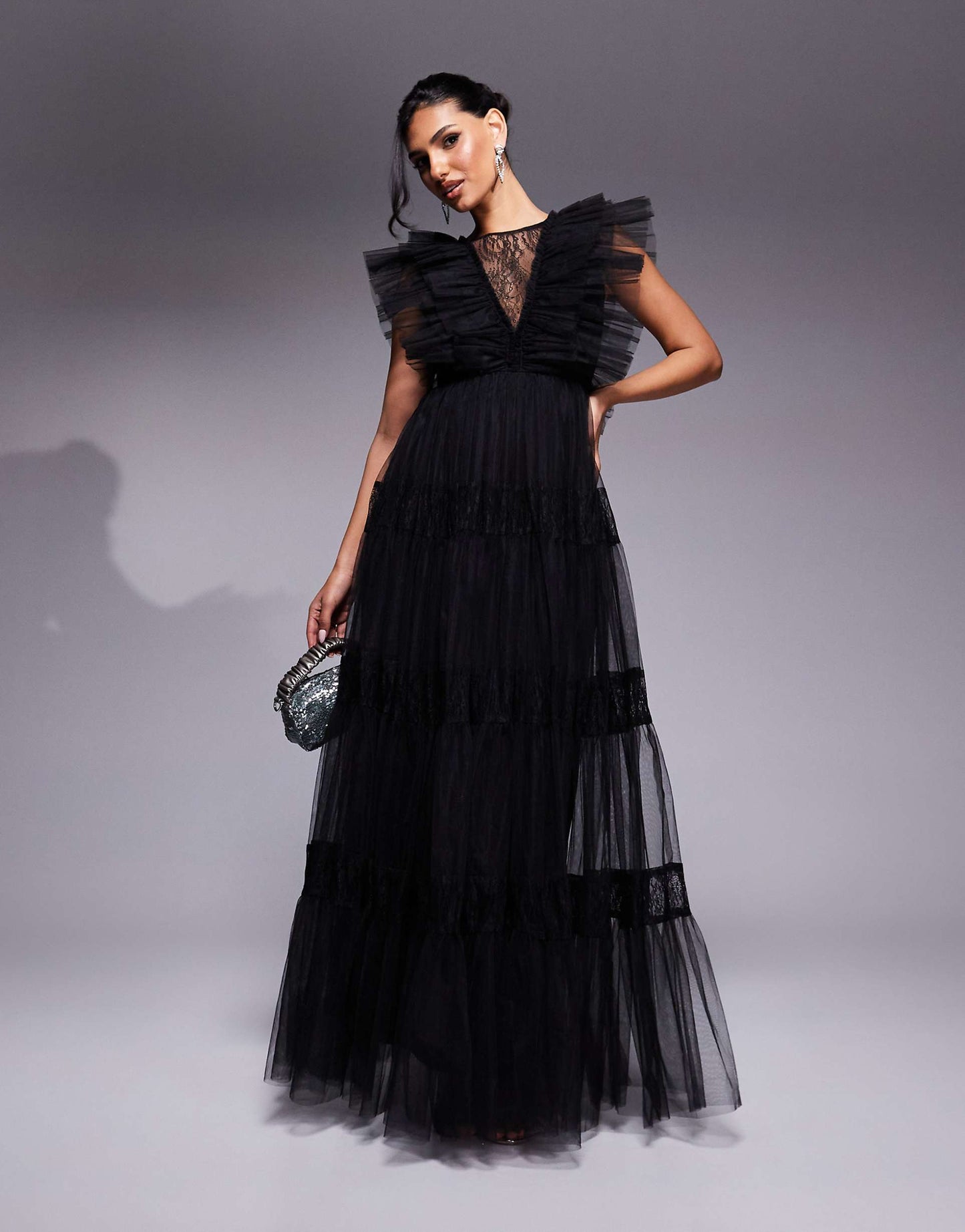Lace Insert Tulle Maxi Dress