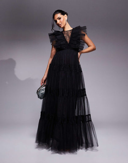 Lace Insert Tulle Maxi Dress
