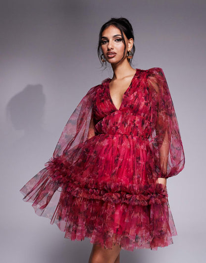 Balloon Sleeve Organza Mini Dress