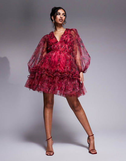 Balloon Sleeve Organza Mini Dress