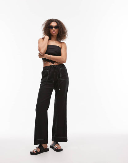 Drawstring Wide Leg Linen Trousers