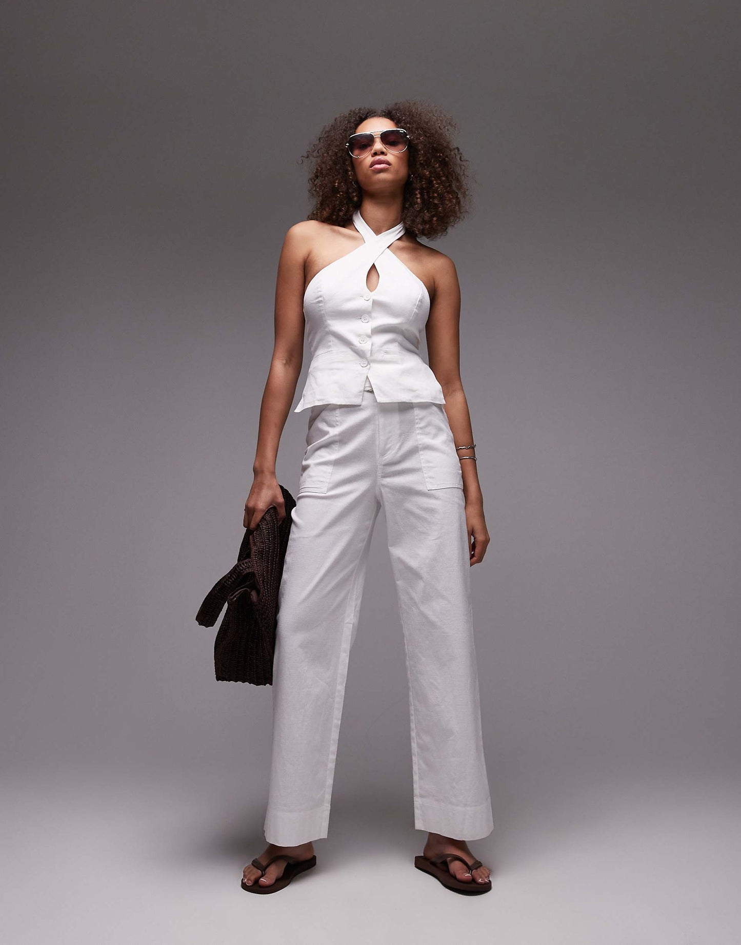 Belt Detail Wide Leg Linen Trouser Co-Ord
