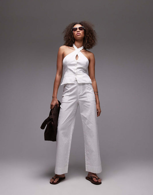 Belt Detail Wide Leg Linen Trouser Co-Ord