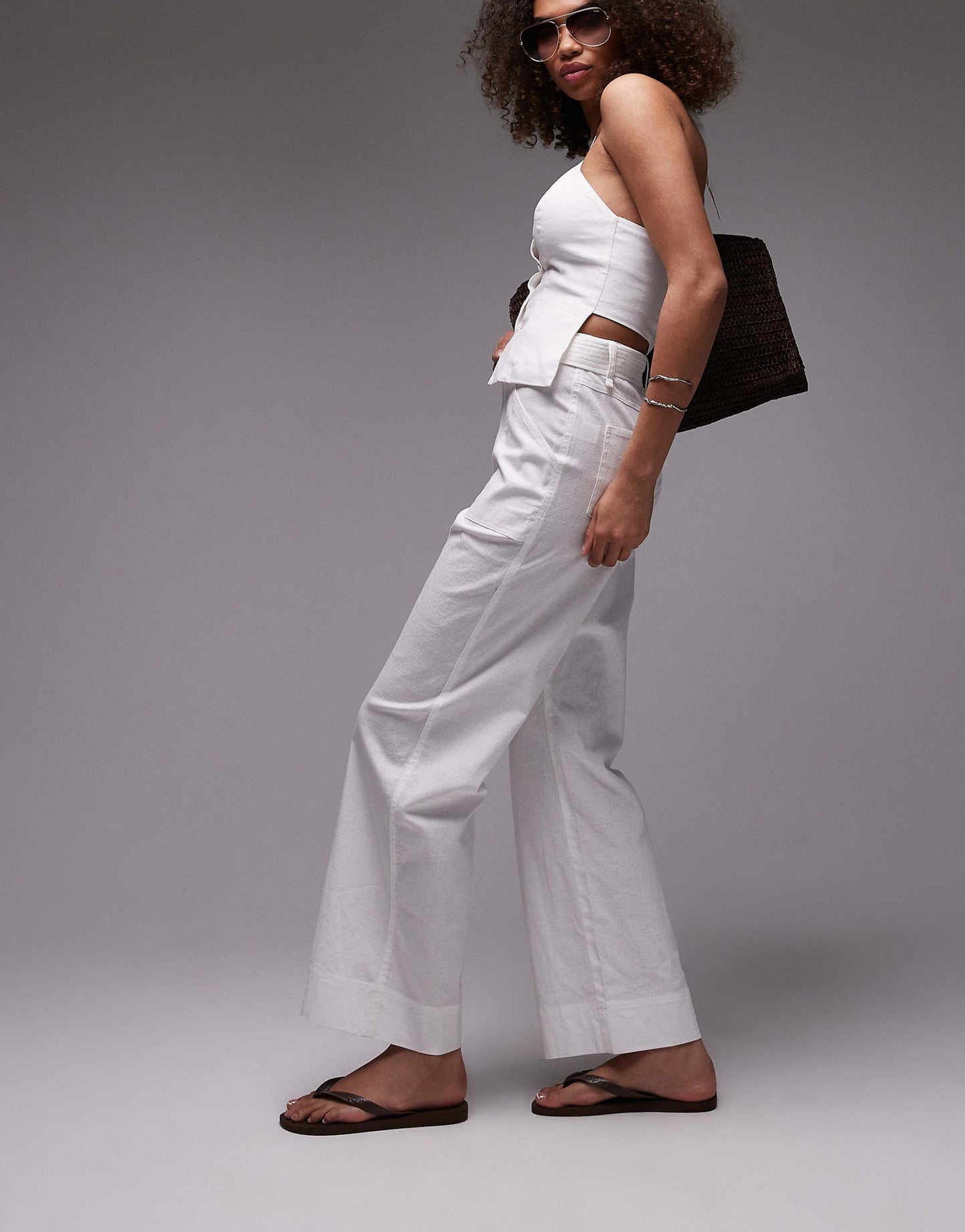 Belt Detail Wide Leg Linen Trouser Co-Ord