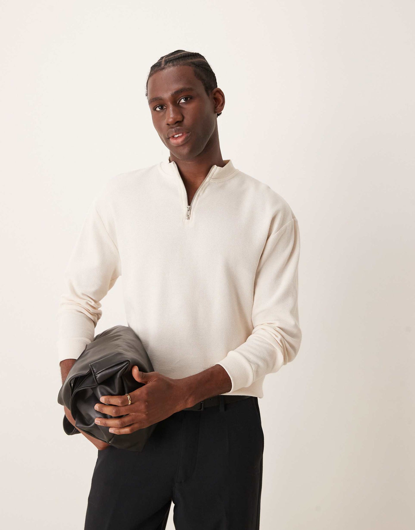 Relaxed Boxy Long Sleeve Waffle T-Shirt With Zip Neck