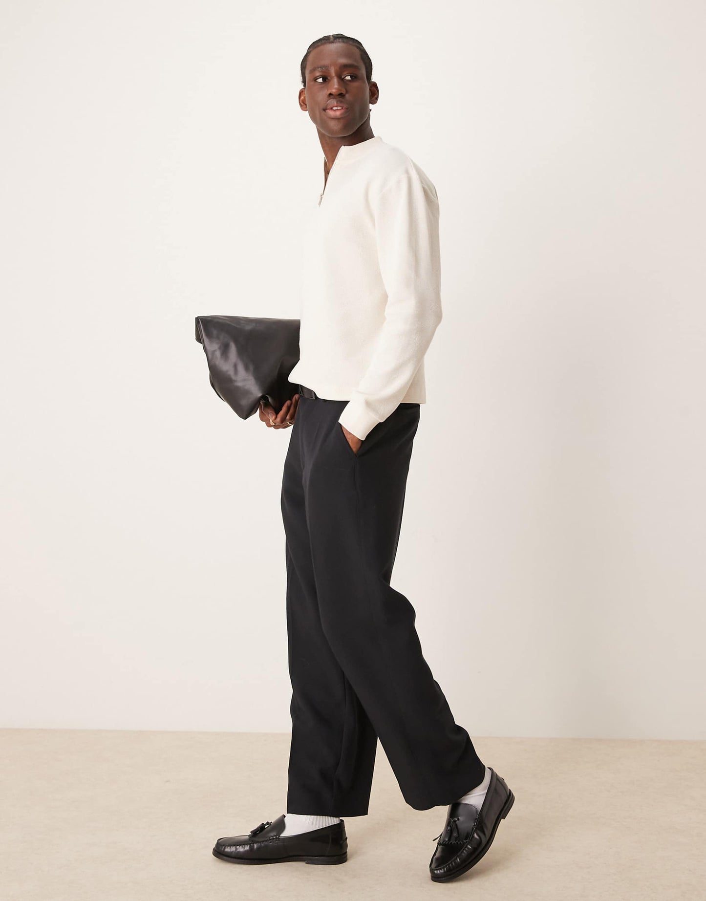 Relaxed Boxy Long Sleeve Waffle T-Shirt With Zip Neck