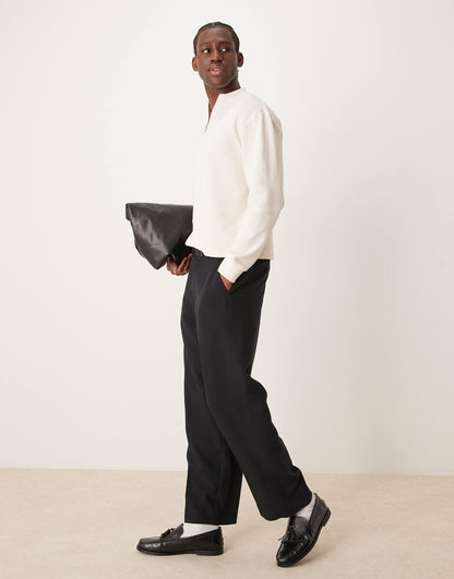 Relaxed Boxy Long Sleeve Waffle T-Shirt With Zip Neck