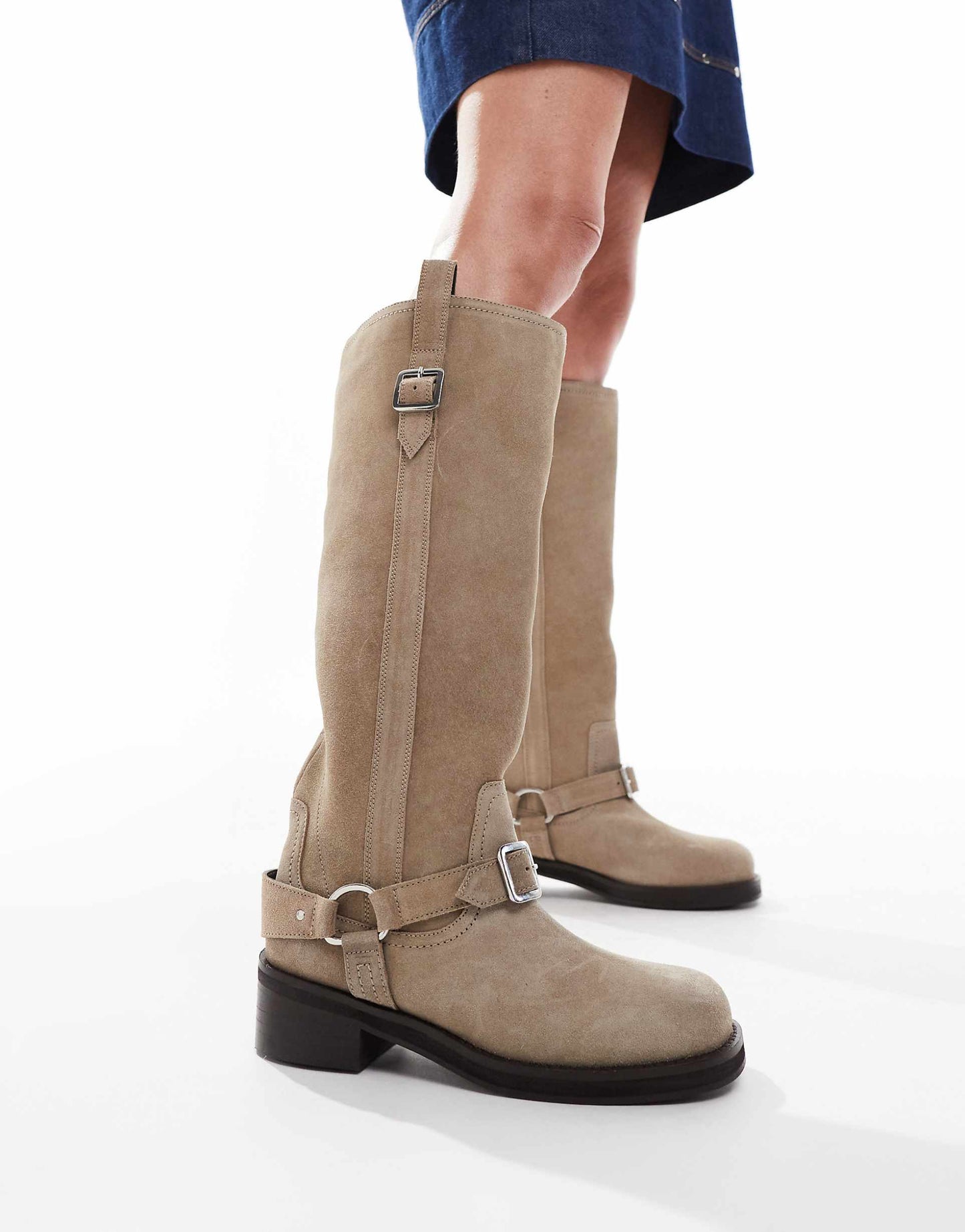 Cora Suede Harness Biker Knee Boots