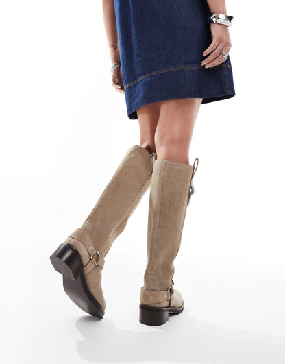 Cora Suede Harness Biker Knee Boots