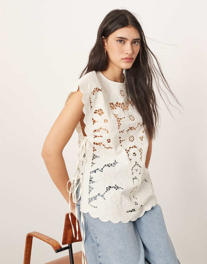 Cotton Cutwork Embroidered Top With Tie Side