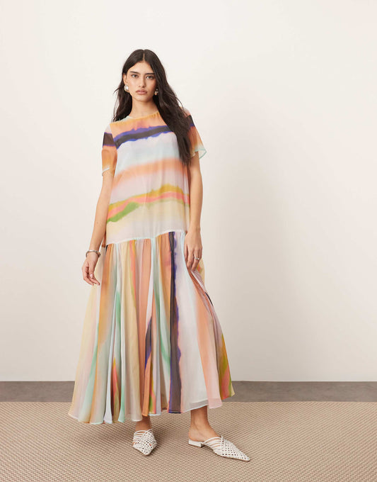 Sheer Chiffon Drop Waist Maxi T-Shirt Dress