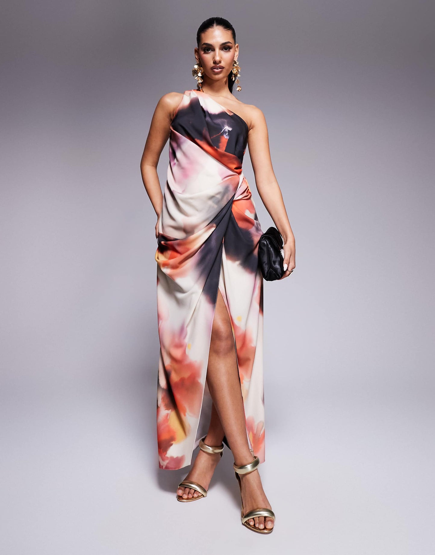 One Shoulder Draped Midaxi Dress With Split