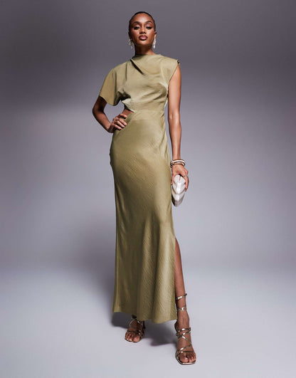 Satin Drape Asymmetric Cutout Midi Dress