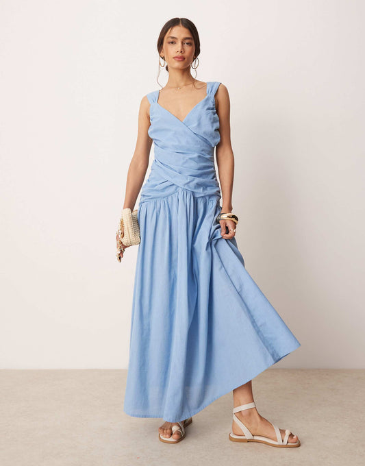 Dropped Waist Linen Look Midaxi Dress With Wrap Bodice