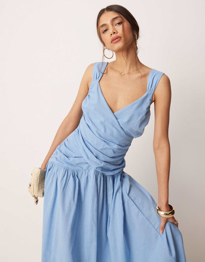 Dropped Waist Linen Look Midaxi Dress With Wrap Bodice