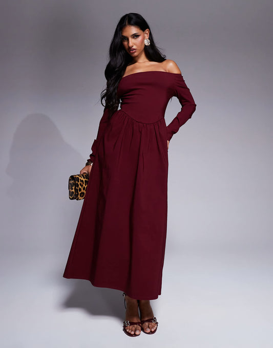 Bengaline Long Sleeve Bardot Midi Dress