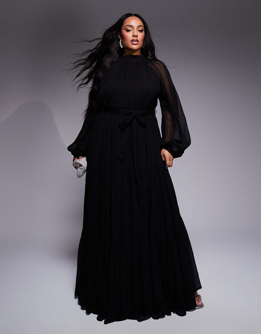 Plus Balloon Sleeve Tiered Maxi Dress