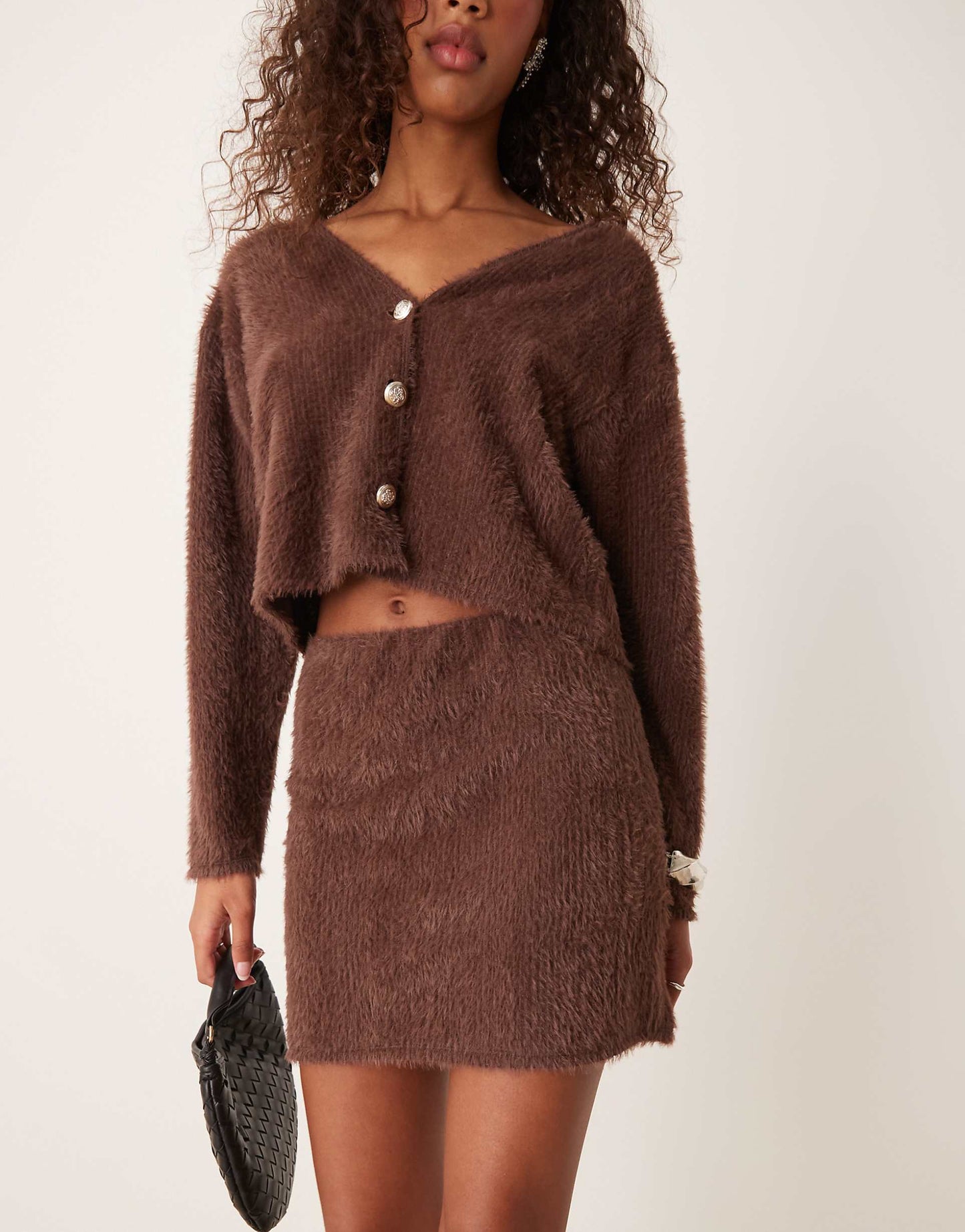 Button Detail Brushed Knit Mini Skirt Co Ord