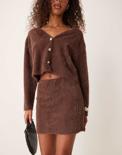 Button Detail Brushed Knit Mini Skirt Co Ord
