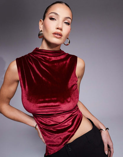 Velvet Grown On High Neck Gathered Asymmetrical Hem Top