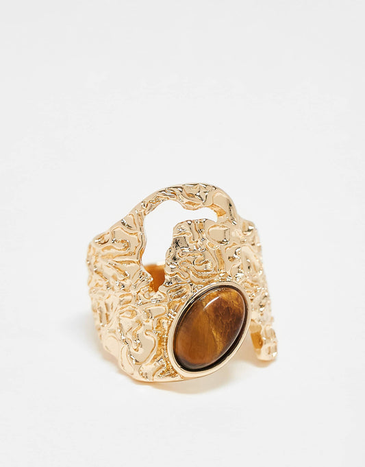 Curve Wide Textured Ring With Semi Precious Style Stone Set