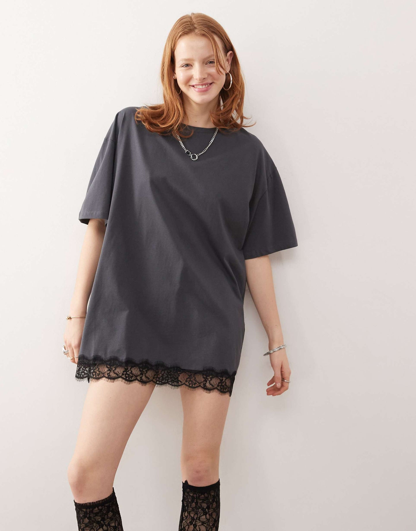 Oversize T-Shirt Dress With Lace Trim