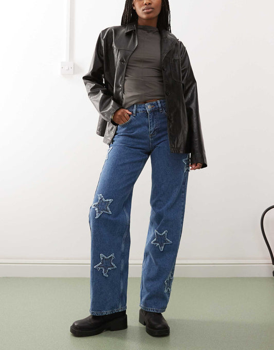 Wide Leg Jeans With Star Patches