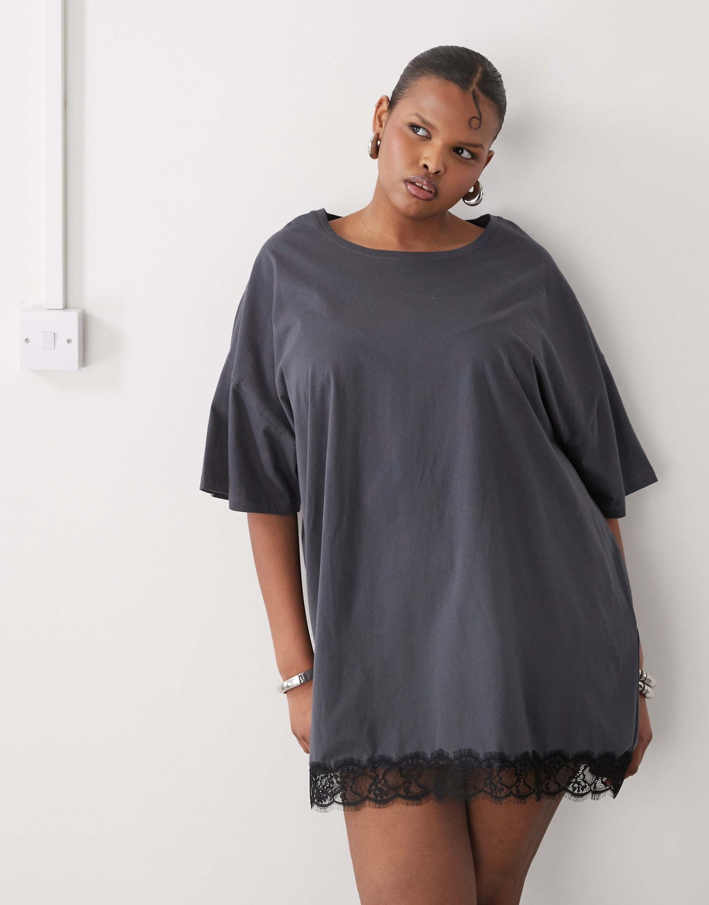 Curve Oversize T-Shirt Dress With Lace Trim
