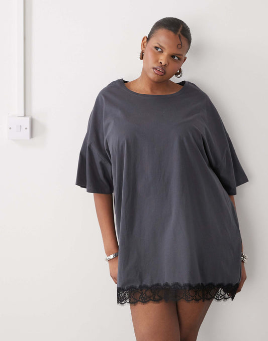 Curve Oversize T-Shirt Dress With Lace Trim