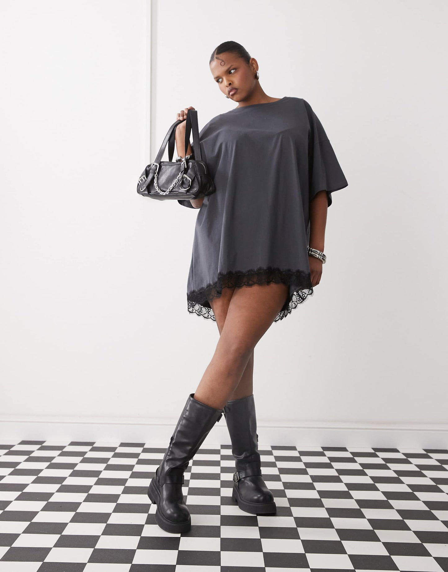Curve Oversize T-Shirt Dress With Lace Trim