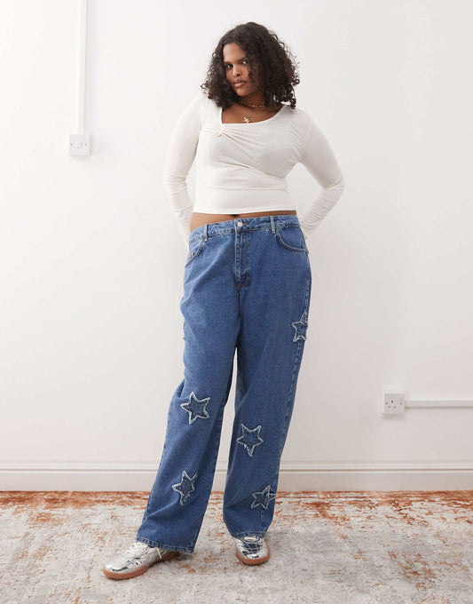 Curve Wide Leg Jeans With Star Patches