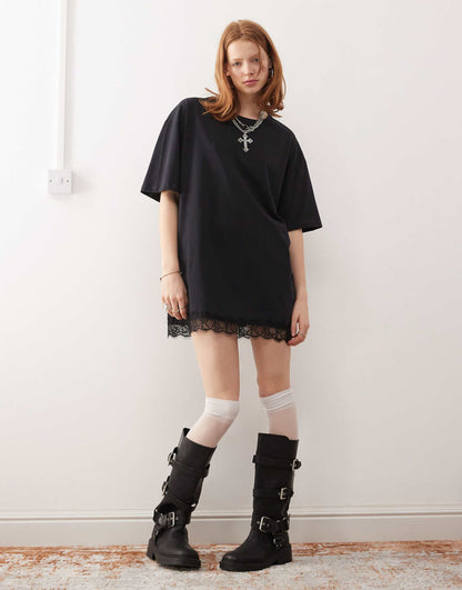 Oversize T-Shirt Dress With Lace Trim