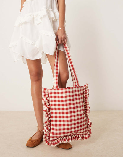 Ruffle Gingham Tote Bag