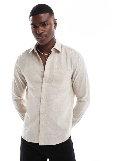 Relaxed Fit Linen Mix Long Sleeve Shirt